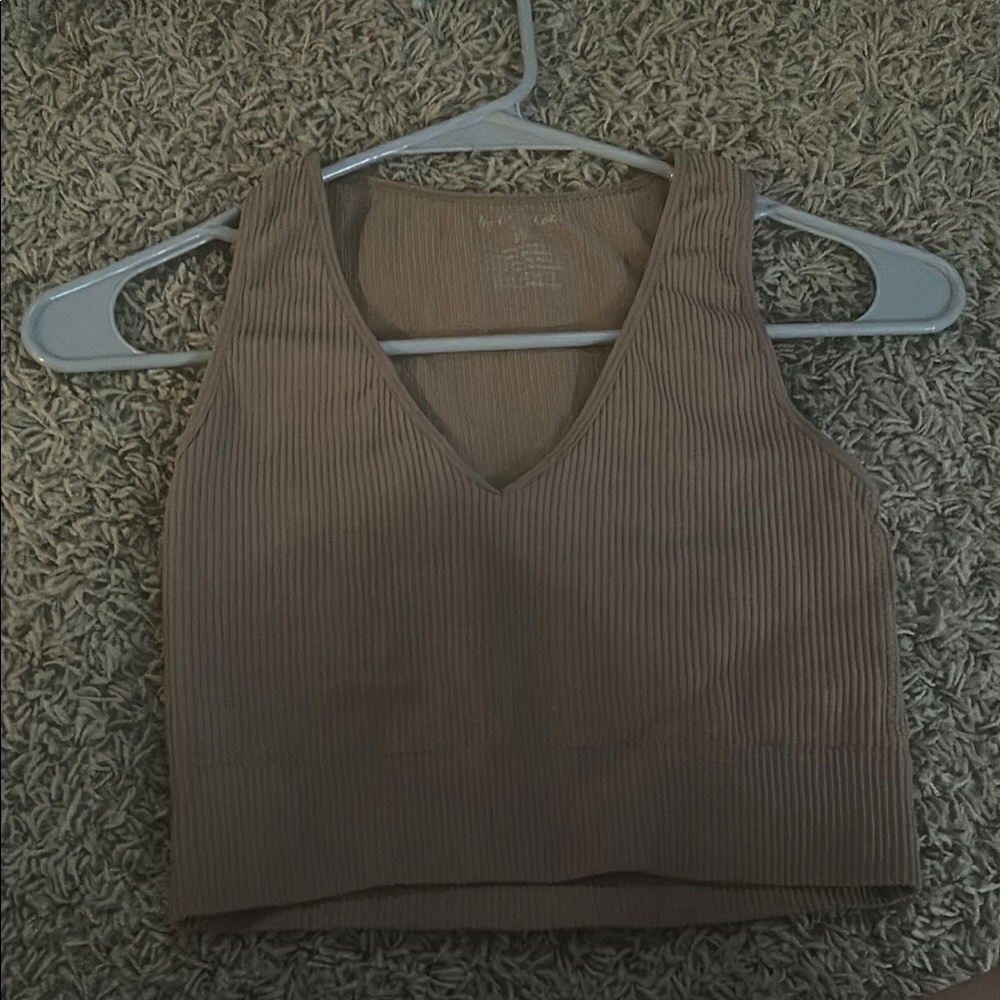 By Together Brown Ribbed Sleeveless Crop Tank